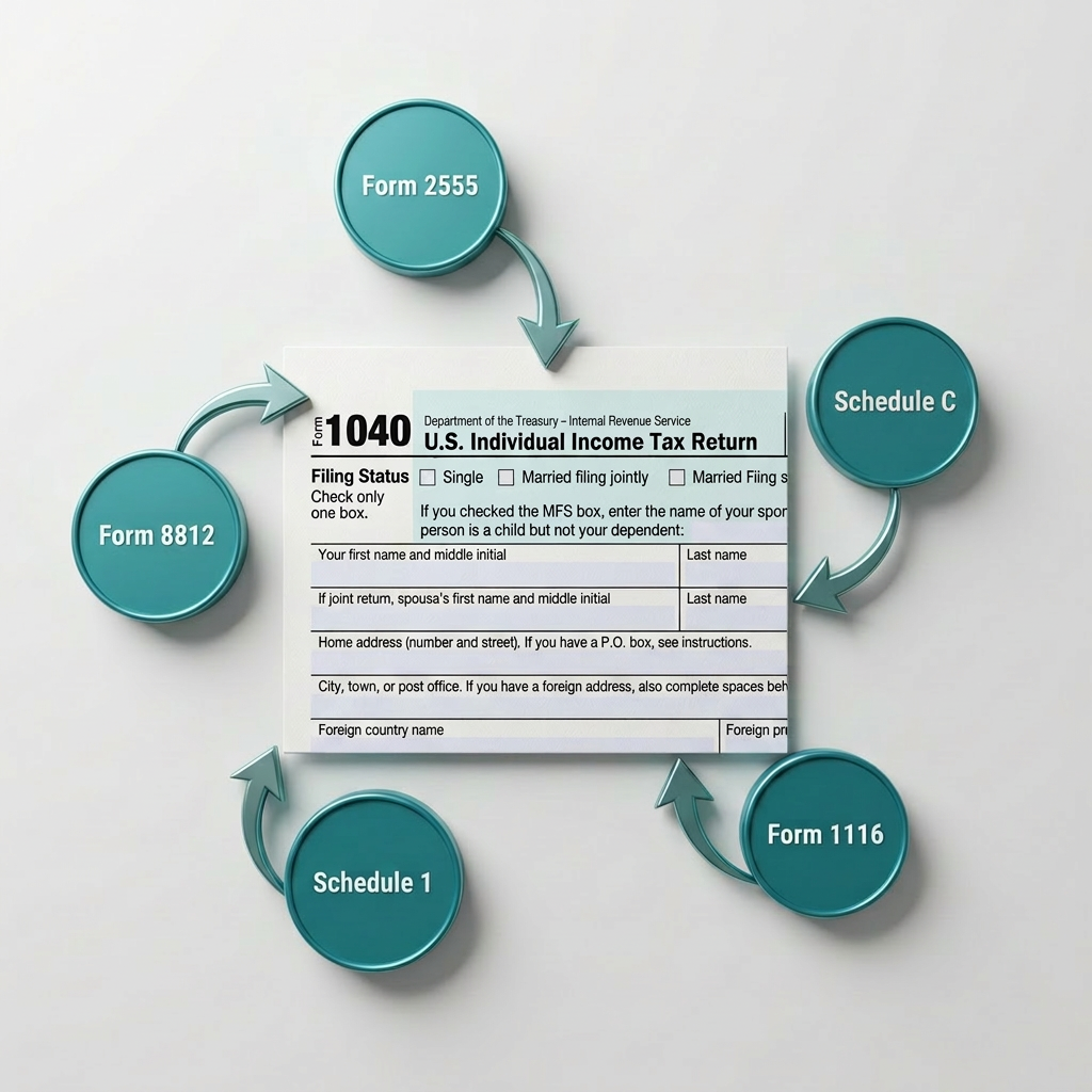 Visual guide showing how supporting tax forms connect into Form 1040
